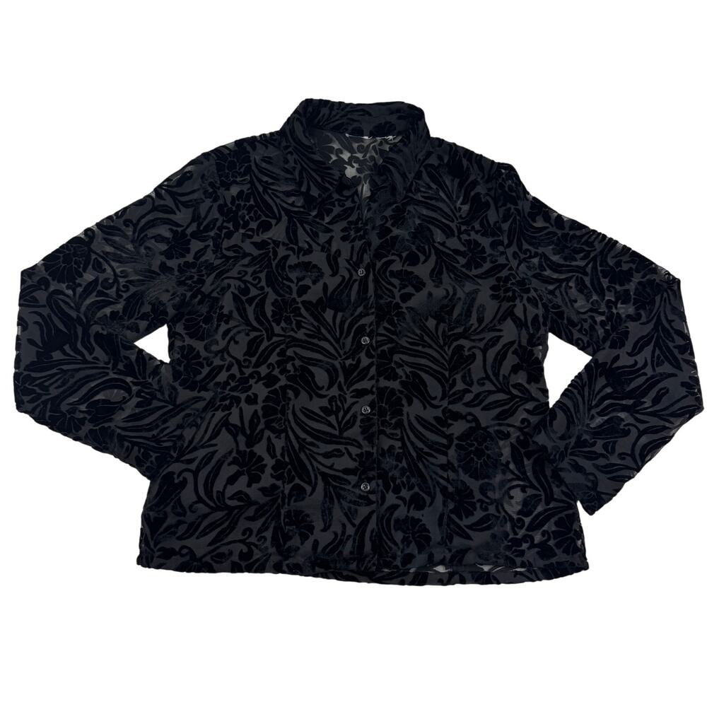 Velvet Burnout Floral Long Sleeve Button Down Blouse Women's Size Large